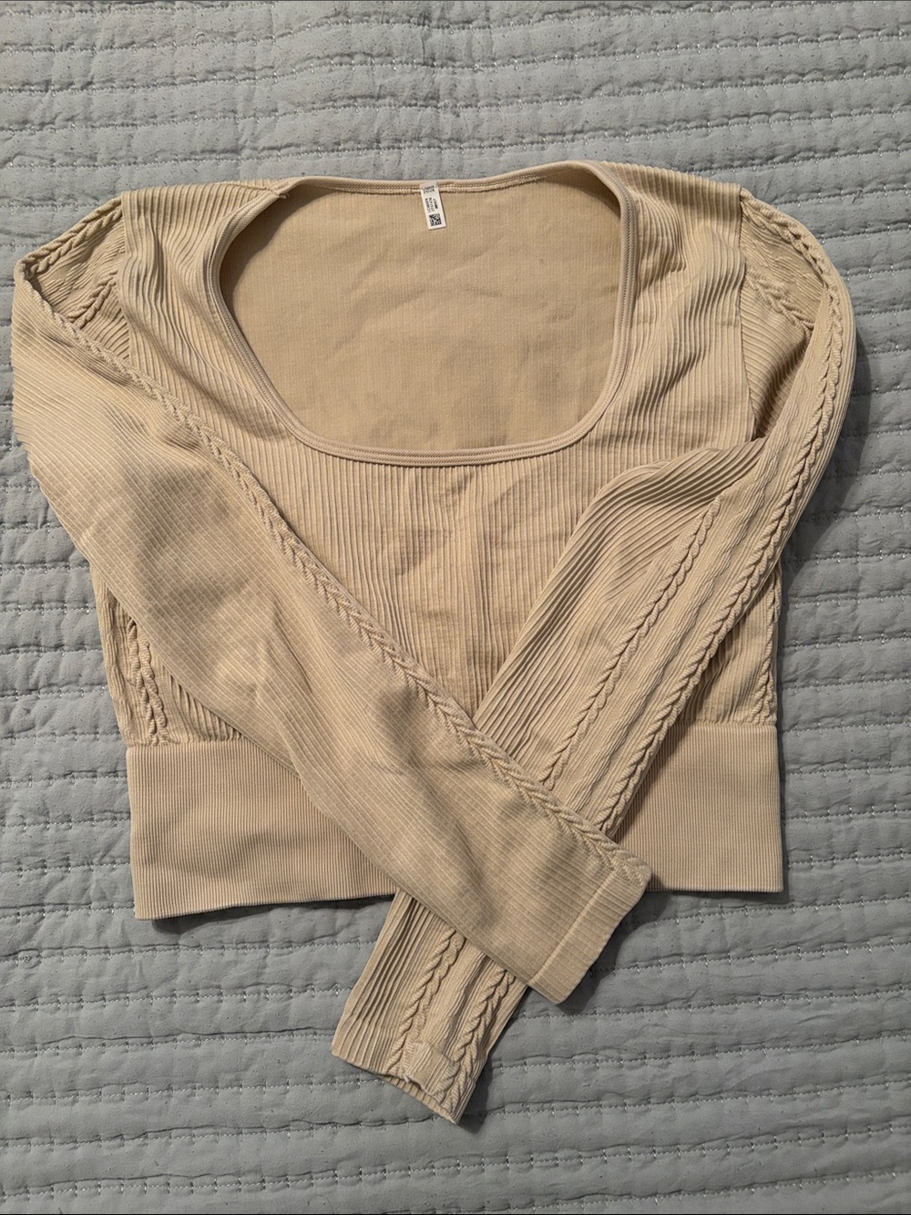 Beige Ribbed Square-Neck Crop Top